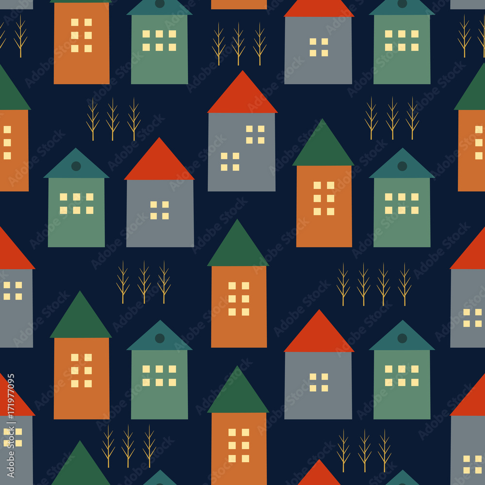 Cute houses and autumn trees seamless pattern on dark blue background. Scandinavian style illustration. Autumn landscape design for textile, wallpaper, fabric.