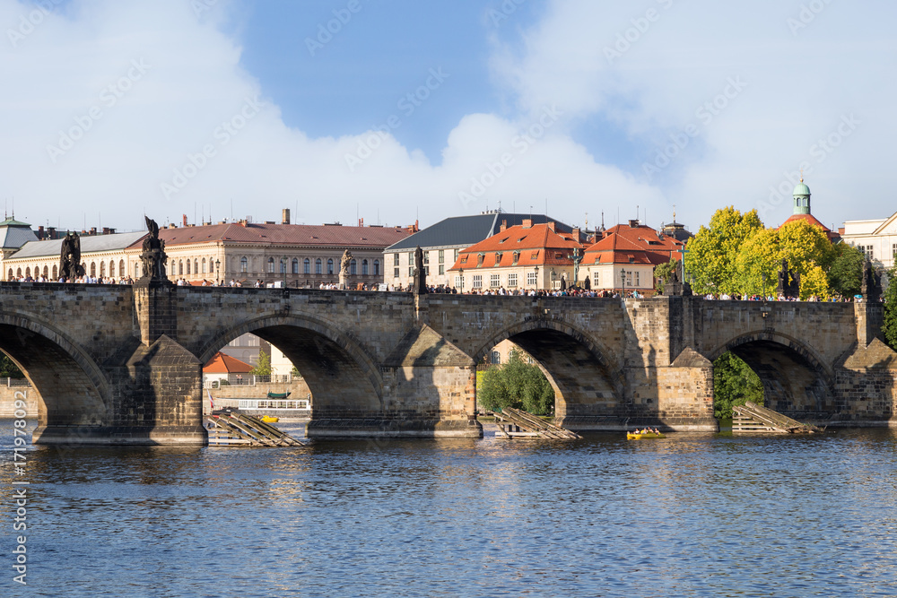 Charles Bridge (Karluv most), Vltava River and old buildings at the Old Town in Prague, Czech Republic.
