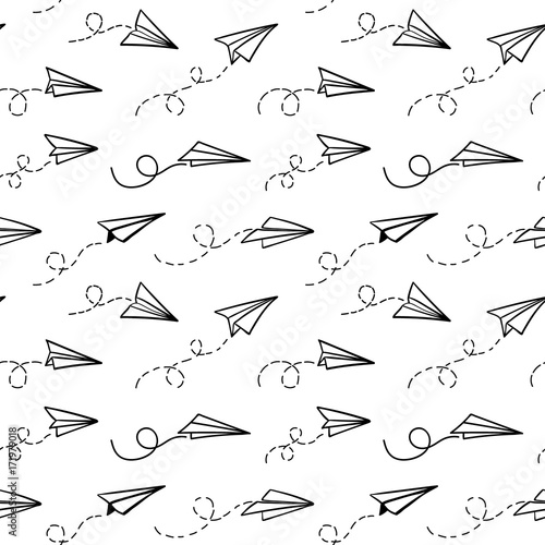 Seamless pattern with vector paper airplane. Travel, route symbol. Vector illustration of  background with hand drawn paper plane. Outline. Hand drawn doodle airplane. Black linear paper plane icon