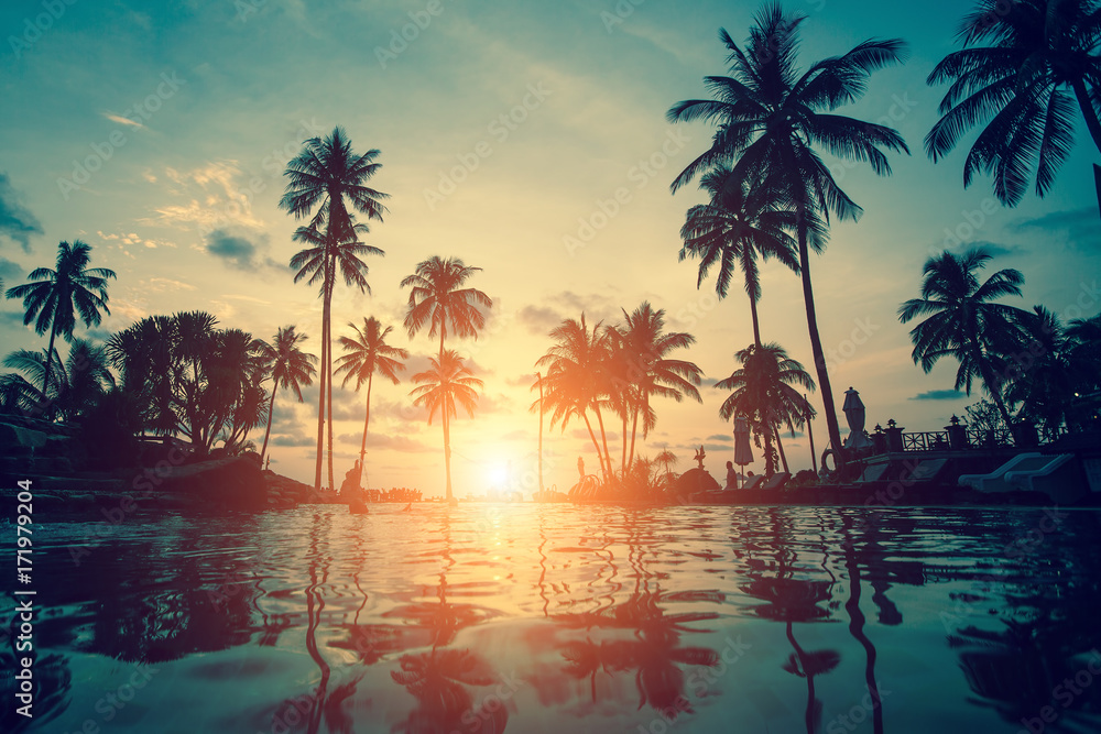 Silhouettes of palm trees during an amazing sunset on a tropical beach.