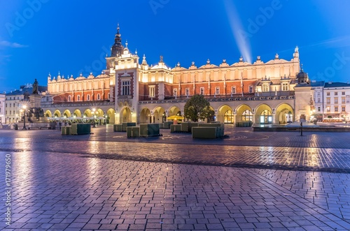 Cloth Hall and Town Hall tower on the Main Market Square in Krakow, illuminated in the night