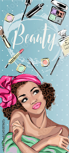 Beautiful pin-up style sexy woman with red hair dreaming about beauty products for makeup. Beauty and fashion industry advertising vertical banner, pop art girl looking up face vector illustration