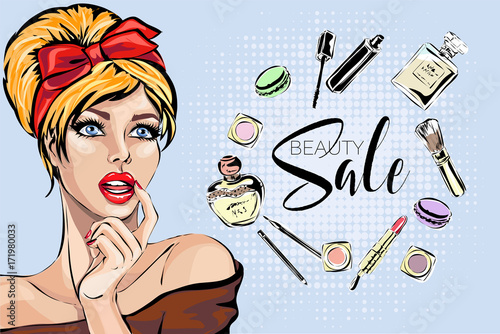 Beautiful pin-up style sexy woman with red hair dreaming about beauty products for makeup. Beauty and fashion industry advertising vertical banner vector illustration