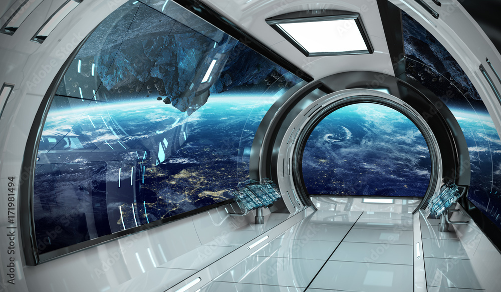 Fototapeta premium Wnętrze statku kosmicznego z widokiem na Ziemię Elementy renderowania 3D tego obrazu dostarczone przez NASA