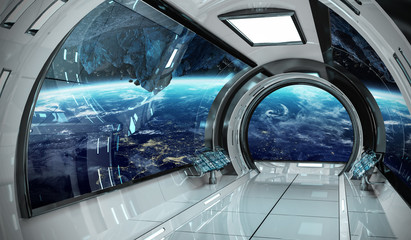 Spaceship interior with view on Earth 3D rendering elements of this image furnished by NASA