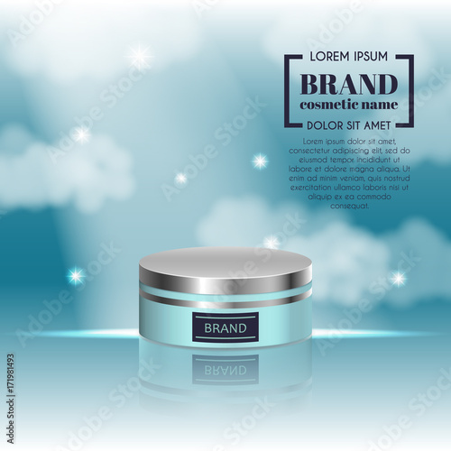 3D realistic cosmetic bottle ads template. Cosmetic brand advertising concept design on sky background with clouds