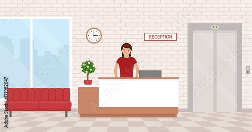 Office interior with reception and waiting area. Flat style, vector illustration.
