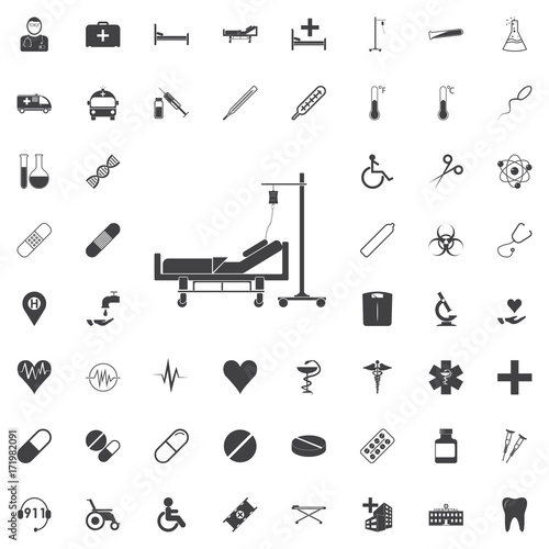 Hospital stretcher bed iv icon isolated recovery injecting intravenous. black icon on the white background medicine, medical set Flat vector illustration.