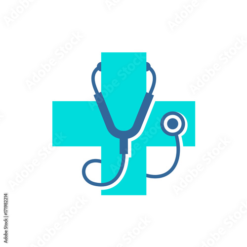 Medical care cross logo with stethoscope equipment
