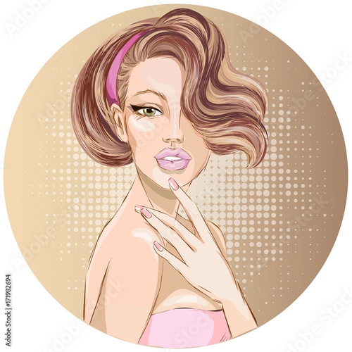 Pin up style sexy beautiful woman portrait, romantic pop art comic girl, social media profile picture vector illustration background