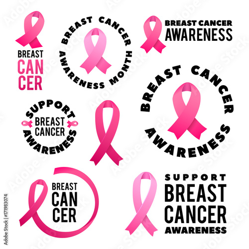 Breast Cancer Awareness Vector Set. Poster Design. Stroke Pink Ribbon. October is Cancer Awareness Month