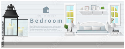 Interior design with table top and Modern bedroom background , vector , illustration