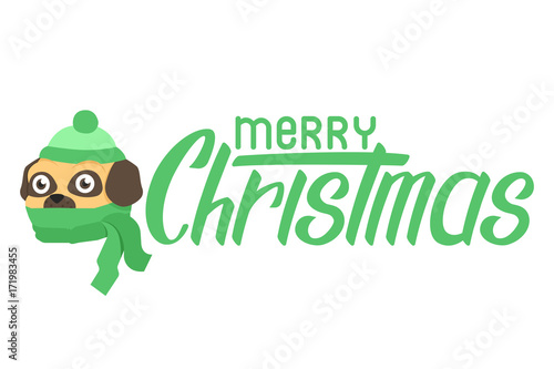 Happy puppy pug in scarf. Flat dog in hat with text merry christmas lettering