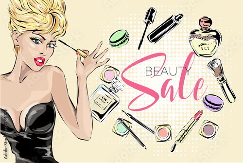 Pinup sexy blonde woman applying mascara on her lashes, pop art girl makeup, sale adverising banner with cosmetics,