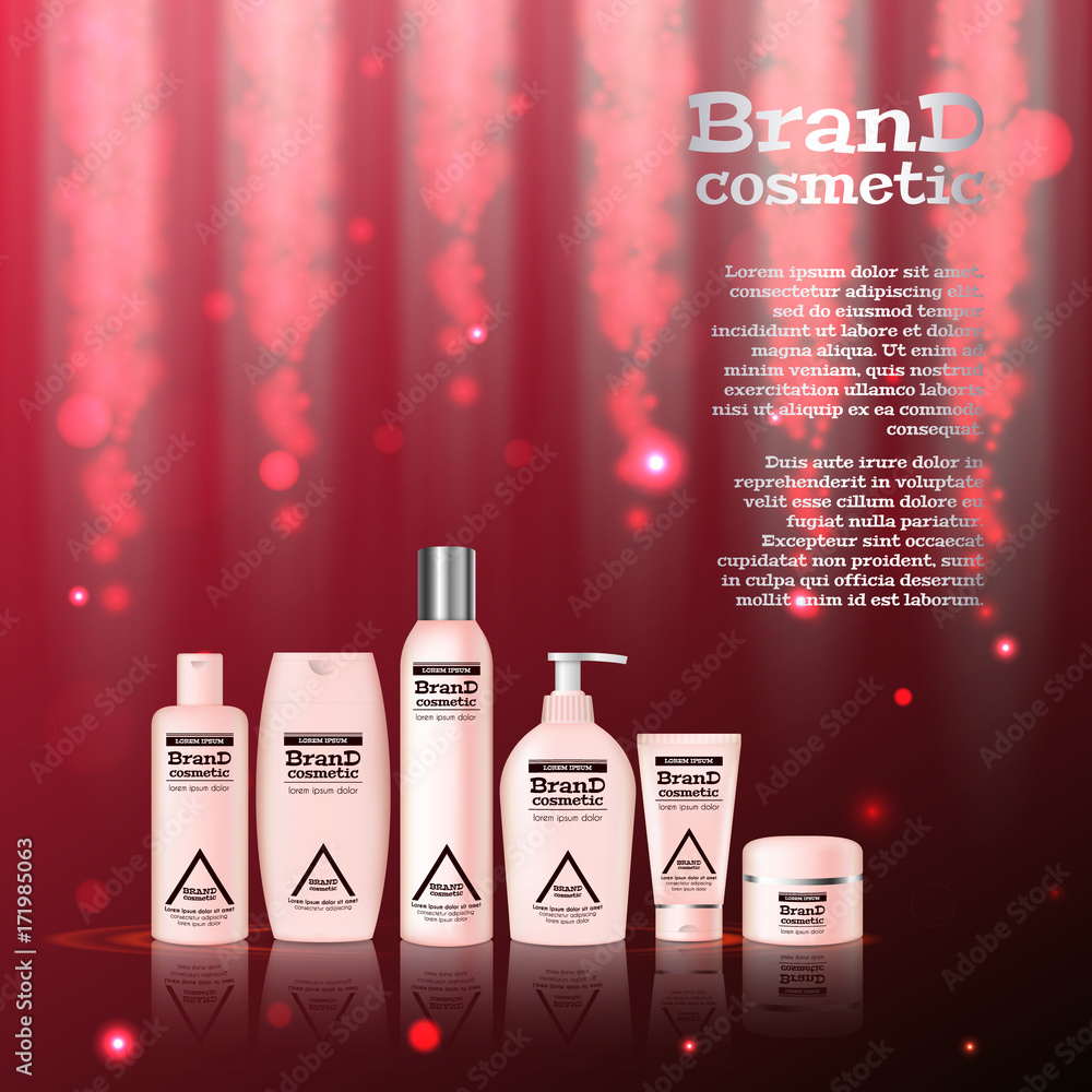 3D realistic cosmetic bottle ads template. Cosmetic brand advertising concept design with glitters and bokeh background 3D realistic cosmetic bottle ads template. Cosmetic brand advertising concept design with glitters and bokeh background