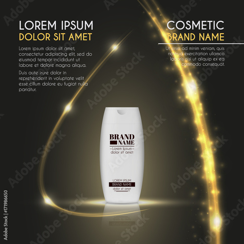 3D realistic cosmetic bottle ads template. Cosmetic brand advertising concept design with glowing sparkles and glitters abstract background