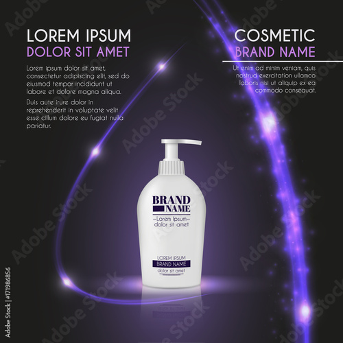 3D realistic cosmetic bottle ads template. Cosmetic brand advertising concept design with glowing sparkles and glitters abstract background