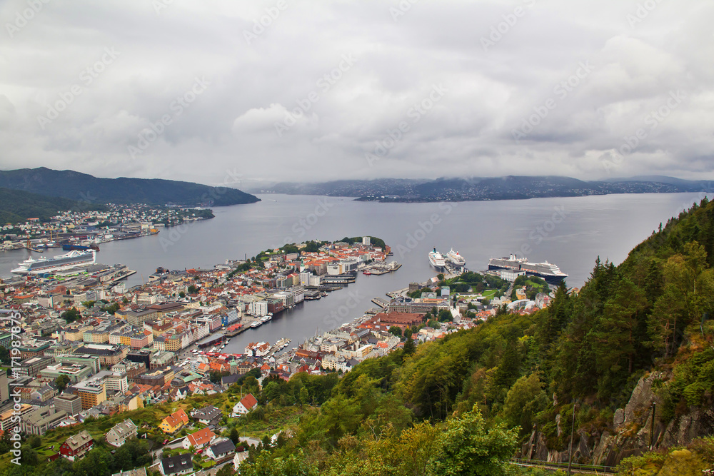 View on Bergen and harbor from the mount Floyen, Norway.