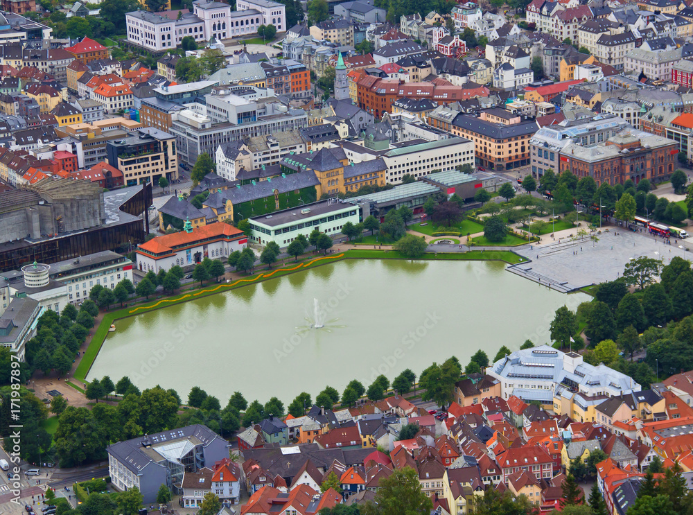 Lake Lille Lungengardsvannet in the center of the city Bergen, Norway.