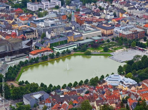 Lake Lille Lungengardsvannet in the center of the city Bergen, Norway.