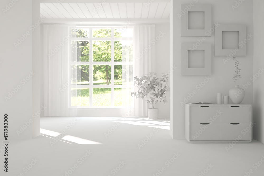 Fototapeta premium White empty room with summer landscape in window. Scandinavian interior design. 3D illustration