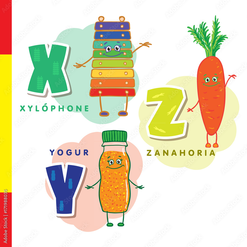 Spanish alphabet. Xylophone, carrots, yogurt. Vector letters and