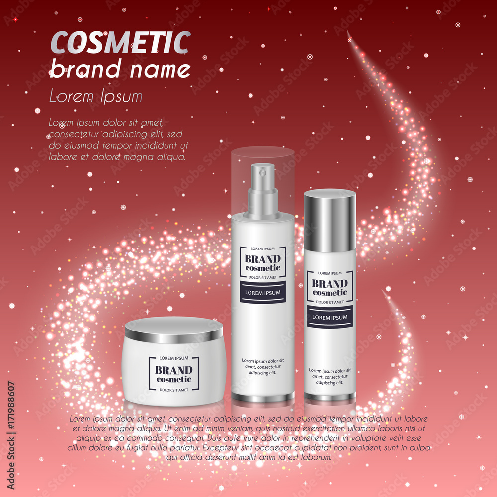 3D realistic cosmetic bottle ads template. Cosmetic brand advertising concept design with glittering dust background