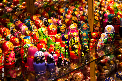 Showcase in the souvenirs shop with slavic nesting dolls.