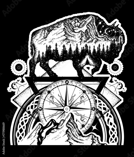 Bison and mountains tattoo art. Buffalo bull travel symbol, adventure tourism. Mountain, forest, night sky. Magic tribal bison double exposure animals black background