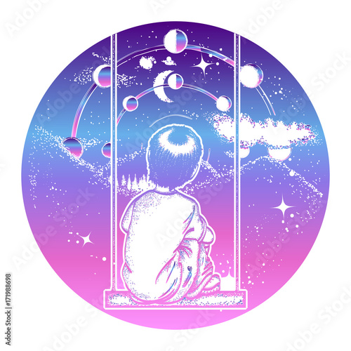 Fototapeta Naklejka Na Ścianę i Meble -  Boy on a swing in mountains, dreamer tattoo art. Boy looks at stars. Lunar phases and Universe. Dreaming genius t-shirt design. Symbol of poetry, psychology, philosophy, astronomy, science