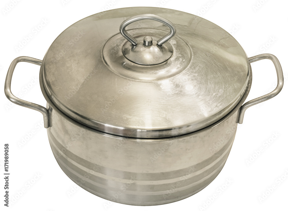 Old Heavy Duty Stainless Steel Sauce Pot With Lid Isolated On White Background Old Heavy Duty Stainless Steel Sauce Pot With Lid Isolated On White Background