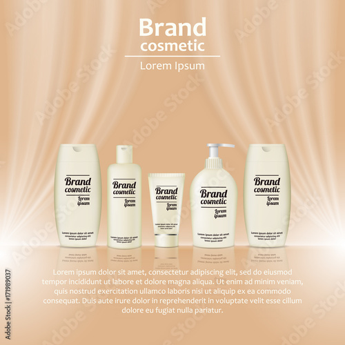 3D realistic cosmetic bottle ads template. Cosmetic brand advertising concept design with wavy light abstract background