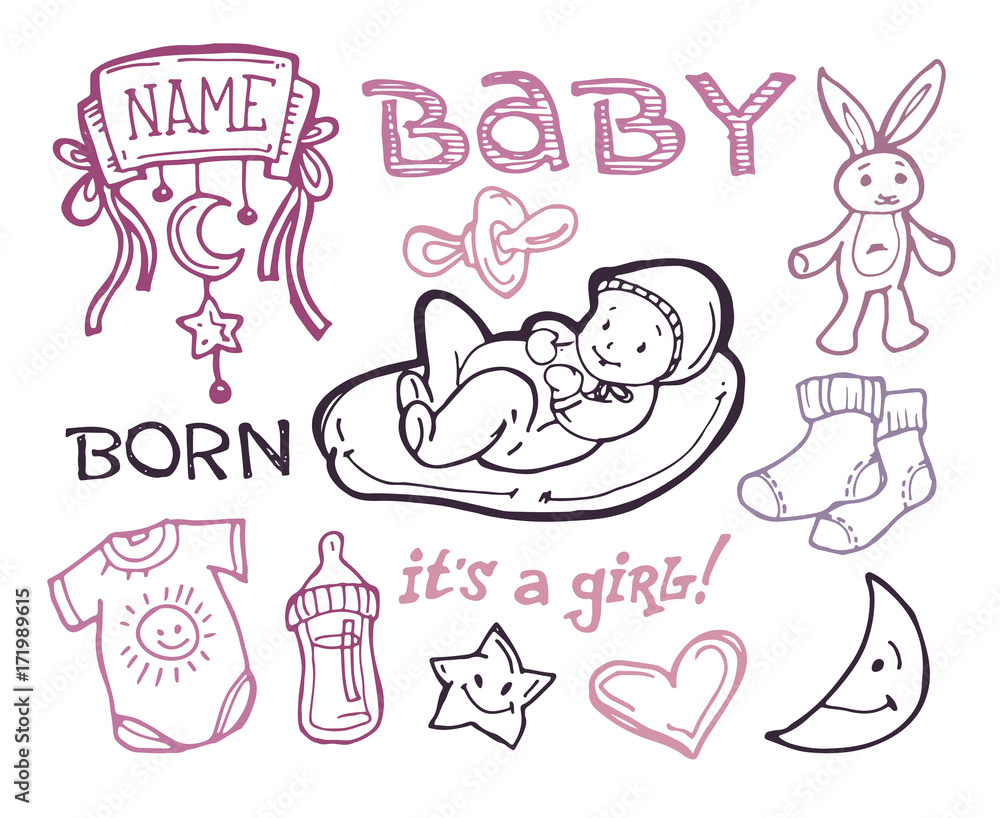 Obraz premium Doodle baby shower design vector illustration, hand drawn baby set. Its a girl.