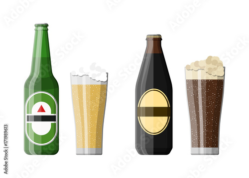 Bottle of dark stout and light beer with glass