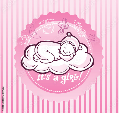 Doodle baby shower design vector illustration, hand drawn baby set. Its a girl.