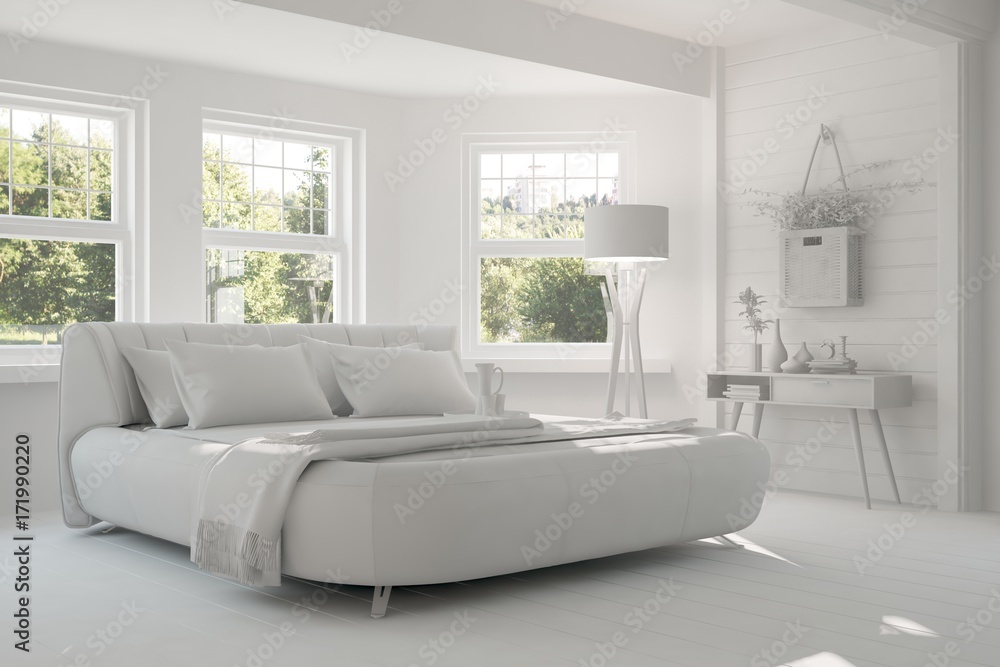 Fototapeta premium Inspiration of white minimalist bedroom with summer landscape in window. Scandinavian interior design. 3D illustration
