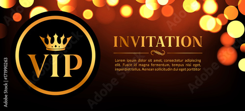 VIP invitation card with gold and bokeh glowing background. Premium luxury elegant design