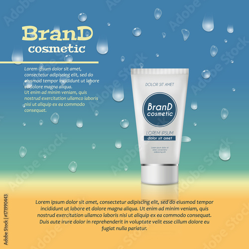 3D realistic cosmetic bottle ads template. Cosmetic brand advertising concept design with water bubbles and waterdrops background