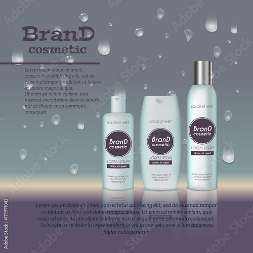 3D realistic cosmetic bottle ads template. Cosmetic brand advertising concept design with water bubbles and waterdrops background