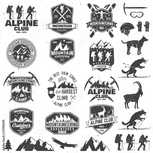 Vintage typography design with mountaineers and mountain silhouette.