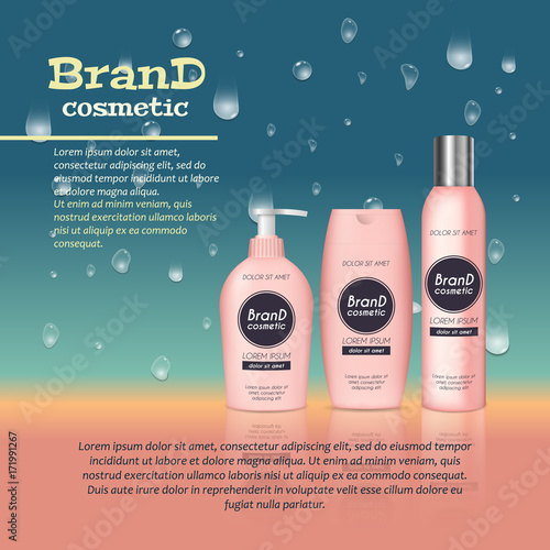 3D realistic cosmetic bottle ads template. Cosmetic brand advertising concept design with water bubbles and waterdrops background