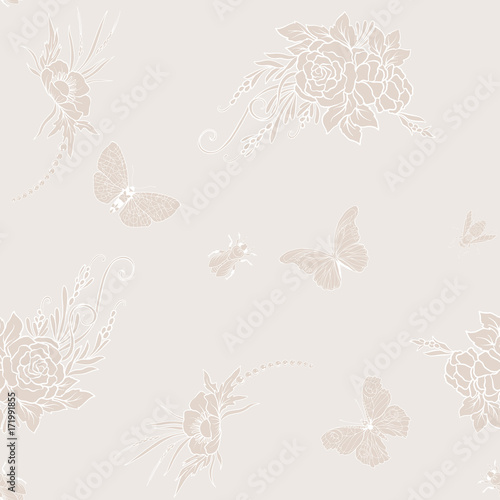 Fototapeta Naklejka Na Ścianę i Meble -  Floral seamless pattern with butterflies and bees  in realistic botanical style.  Stock vector illustration. In vanilla pastel colors