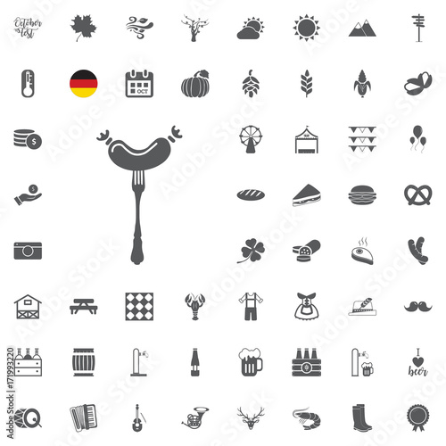 Octoberfest icon set. German food and beer symbols isolated on white background. Vector illustration.Oktoberfest beer festival flat icons design