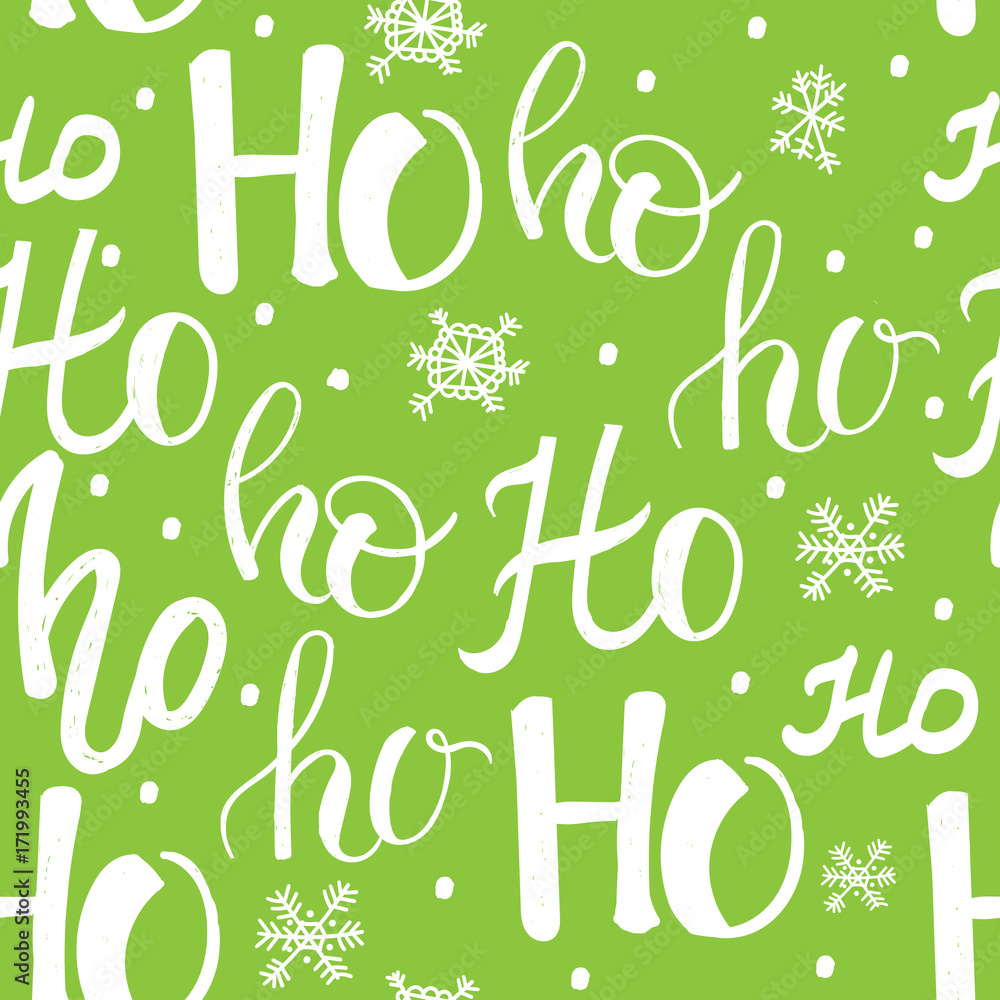 Hohoho pattern, Santa Claus laugh. Seamless texture for Christmas design. Vector green background with handwritten words ho