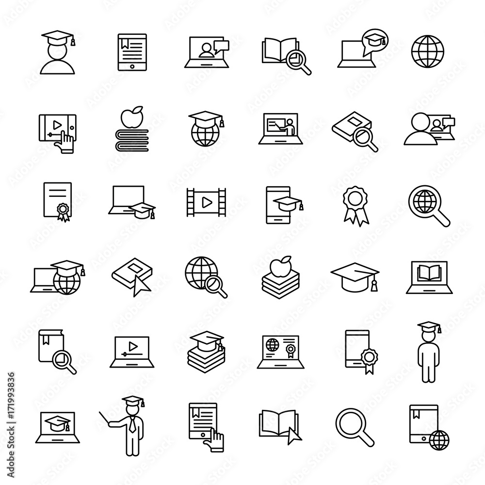 e-learning and online study bolt line icons black set on white background
