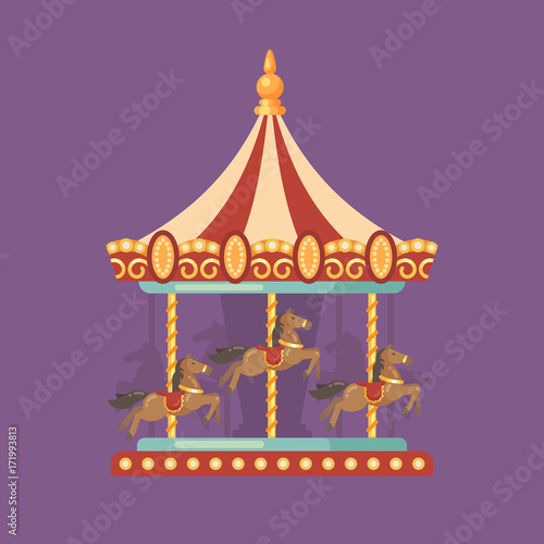 Funfair carnival flat illustration. Amusement park illustration of a red and yellow carousel with horses at night