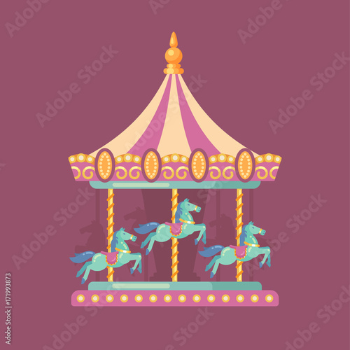 Funfair carnival flat illustration. Amusement park illustration of a pink and yellow carousel with horses at night