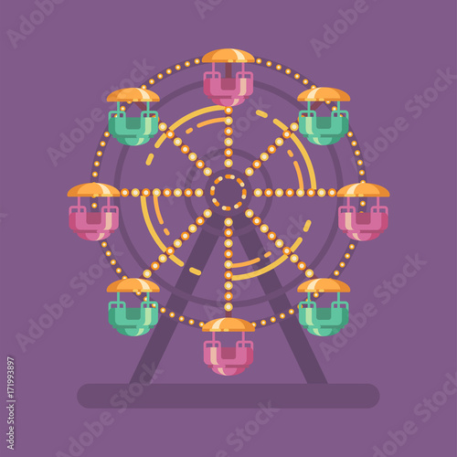 Funfair carnival flat illustration. Amusement park illustration with a Ferris wheel at night on purple background
