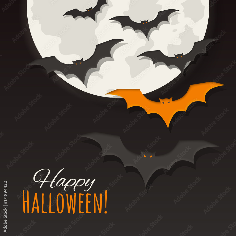 Happy Halloween background with moon and silhouettes bats.
