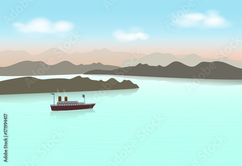Steamboat sailing in the lake. Nature background